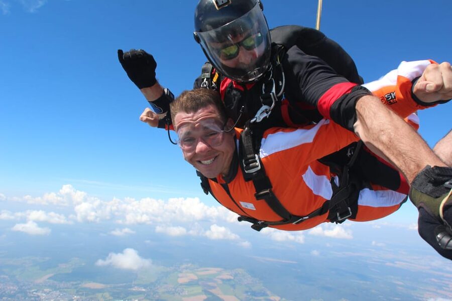 Prague: Tandem Skydiving 14,000ft over Prague with Transfers - The exit and the free fall: 14,000ft, about 1 minute, around 200 kph